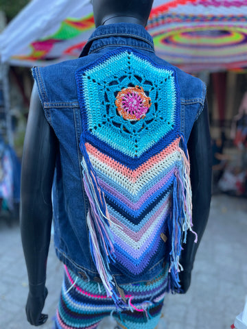 Vintage Denim Vest Upcycled Crochet