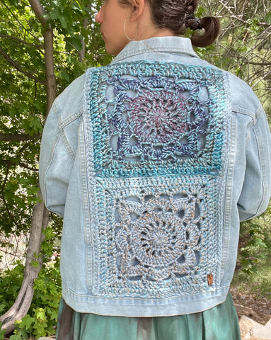 Upcycled denim/crochet jacket size 18