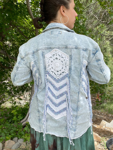 Crochet Denim Jacket with white and blue geometric  patterns.