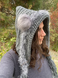 Grey Furry Bear Hood with Tassels