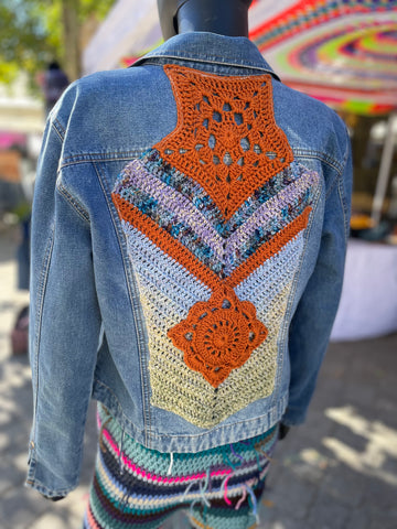 Upcycled denim and crochet jacket, size Sm/Medium