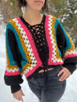 Lace-up hexagon cardigan in black and brights