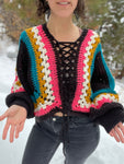 Lace-up hexagon cardigan in black and brights