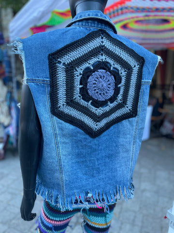 Upcycled Denim and Crochet Vest size L/XL