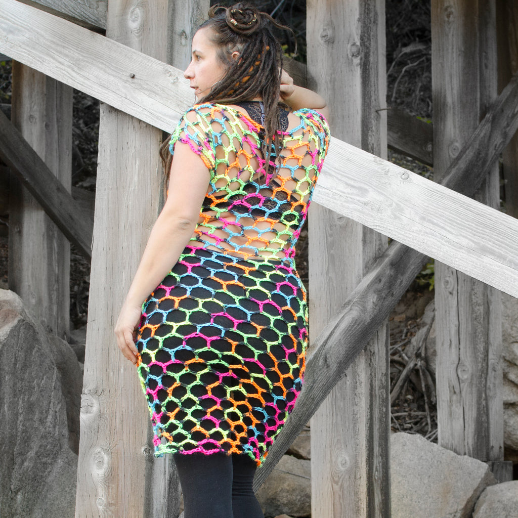 neon crochet dress Crochet Neon Skull Flower Dress, Handmade Festival Mesh Fashion