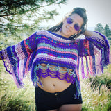Purple Love Long Sleeves Crochet Crop Top with Fringe